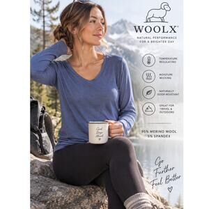 Woolx Millie Merino Wool Shirt Size L Blue V Neck Long Sleeve Base Layer Travel